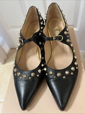 Ras Black Leather Studded Mary Jane Pumps with Gold Accents